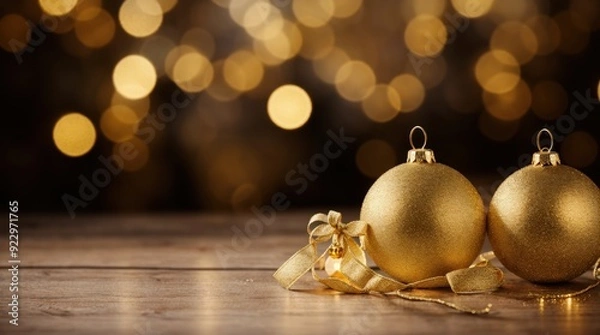 Obraz Festive holiday decorations and Christmas ornaments on a wooden table with golden bokeh lights 