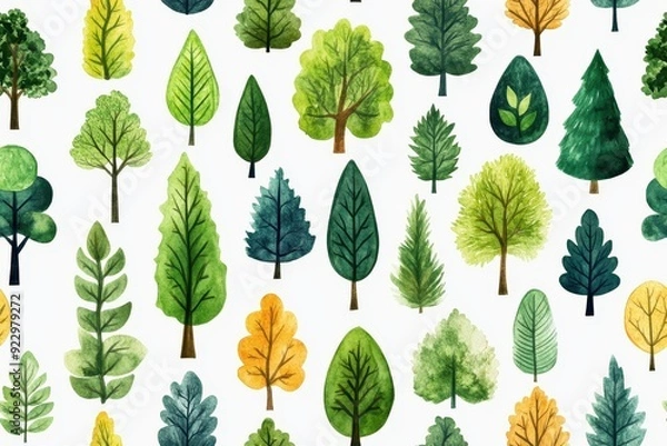 Fototapeta A vibrant collection of various trees and leaves illustrating the beauty of nature in a colorful design.