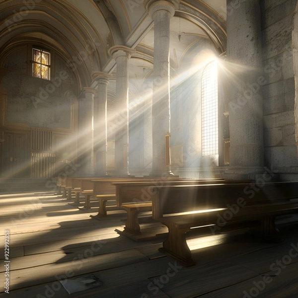 Obraz A sunlit church interior with beams of light streaming through the pews,
Rays of the sun light in the mosque window

