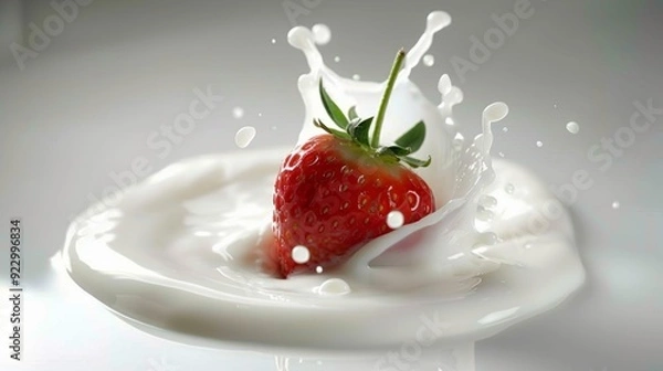 Fototapeta Close-up, Fresh Red Strawberry Splashing into Creamy White Milk, Creating a Dynamic Liquid Crown.
