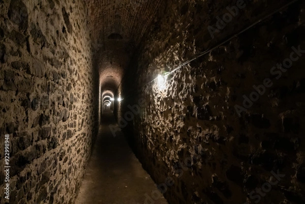 Fototapeta A narrow  stone tunnel passing under fortress walls in the Vysehrad district of Prague in Czech Republic