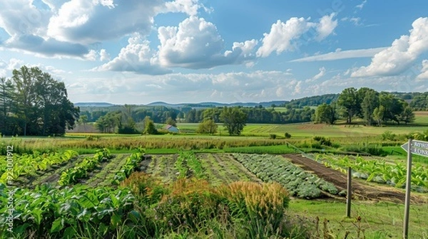 Fototapeta Wide-angle image of a farmâ€™s picturesque landscape with a clear focus on organic crops and a sign promoting support for local farmers. 
