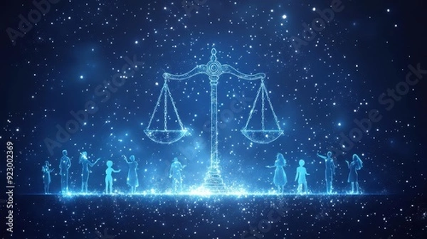 Fototapeta A blue sky with a scale of justice and people in the background