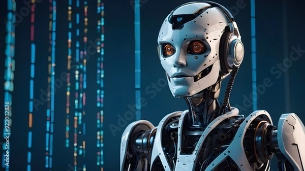 Fototapeta Voice automated robot assistant. Artificial intelligence communicates and answers calls using a headset