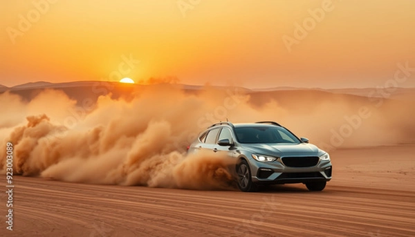 Fototapeta Rugged SUV Drifting Through Desert Sand Dunes at Sunset with Clouds of Dust and Intense Motion in Off-Road Adventure Scene