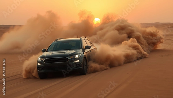 Fototapeta Rugged SUV Drifting Through Desert Sand Dunes at Sunset with Clouds of Dust and Intense Motion in Off-Road Adventure Scene