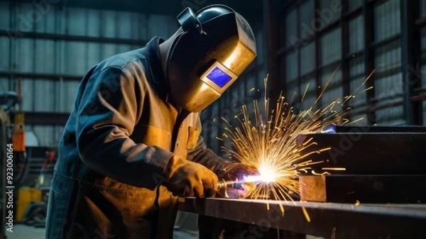 Fototapeta A craftman is welding with workpiece steelWorking person