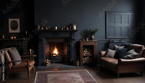 Fototapeta A cozy living room with a fireplace, wooden furniture, and a dark, moody atmosphere.