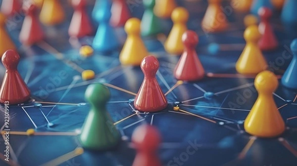 Obraz A bustling street market with a crowd of people walking past a table filled with red plastic toys and a group of children playing a game with red and yellow spoons