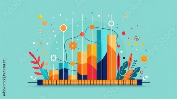Obraz Measurement, ruler and chart with data points, flat design illustration