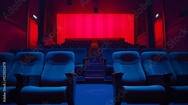 Fototapeta A deserted movie theater featuring rows of plush seats illuminated by striking red and blue neon lights.