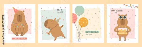 Obraz Birthday card set with capybara, cake and balloons