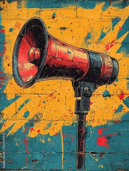 Obraz Bold Megaphone Icon with Sound Waves â€“ Ideal for Marketing, Advertising, Communication Campaigns â€“ High-Impact Visual for Business Promotions â€“ Vibrant, Eye-Catching Design