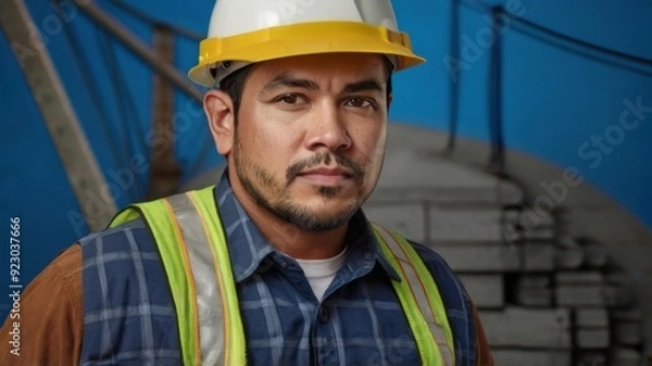 Obraz Photo construction worker portrait on blue background
