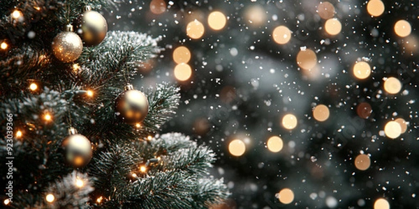 Fototapeta Christmas scene with a blurred background, highlighting a decorated Christmas tree adorned with colorful ornaments and twinkling lights, evoking warmth, joy, and the spirit of the holiday season