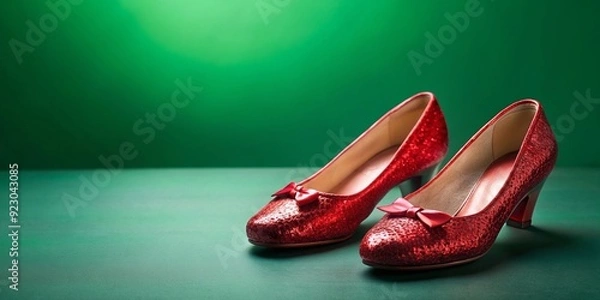 Fototapeta Pair of ruby slippers on emerald green background, ruby slippers, emerald green, shoes, footwear, fashion, fantasy, magical