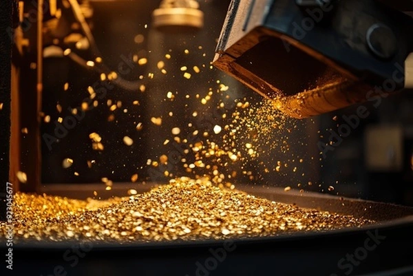 Obraz Gold ore being processed through industrial machinery with close-up of gold particles emerging from machinery against a factory backdrop