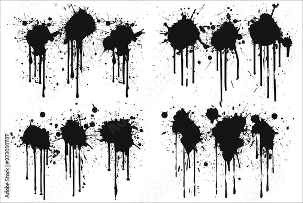 Obraz Set of abstract black ink splashes, Black ink splashes and drops silhouettes, Set of paint brush vector, Abstract ink splash set, Set of paint splashes, Set of lnk blots