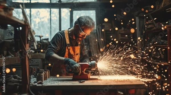 Obraz Sculptor using angle grinder at workshop