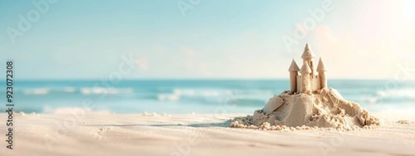 Fototapeta A sand castle is built on the beach by AI generated image