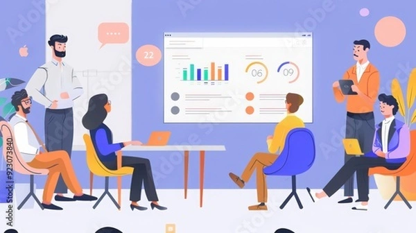 Fototapeta Startup pitch presentation in front of a group of investors, showcasing a promising new app