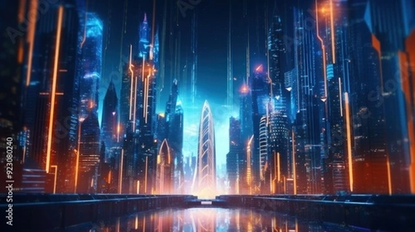 Obraz Futuristic Cityscape with Neon Lights