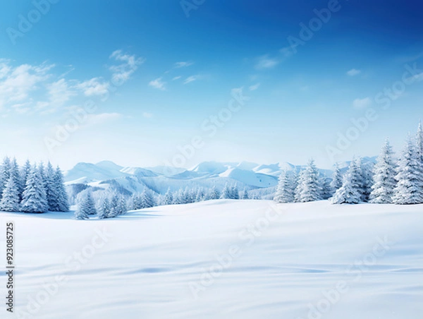Fototapeta A snowy landscape with a wooden path in the foreground and a blue sky with clouds