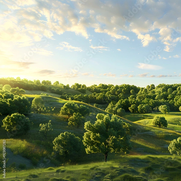 Obraz A picturesque countryside landscape with rolling h,
3D rendered A photo of a peaceful countryside with rolling hills golden hour light

