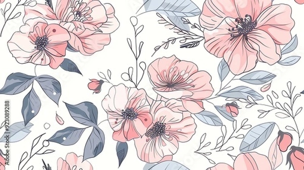 Obraz Soft and delicate pastel flowers and leaves, hand-drawn seamless pattern