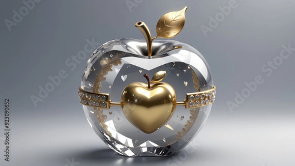 Fototapeta lots of solid and outlined gold and silver heart symbols inside an apple made of crystal