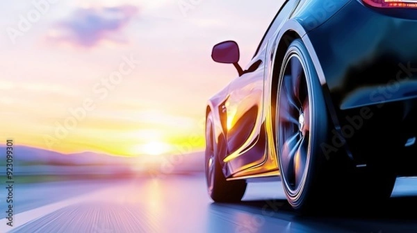 Fototapeta Serene Sunset Scene with Black Car