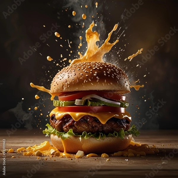 Obraz An artistic, cinematic image of a burger mid-explosion, with its ingredients separated in mid-air, highlighted by soft, golden light and set against a background that blends nostalgia with modern soph
