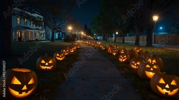 Fototapeta A creative Halloween setup featuring intricately carved pumpkins and ghostly decorations for a frightful effect