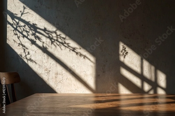 Fototapeta Empty table against beige textured wall background. Composition with glossy leaves on the wall.