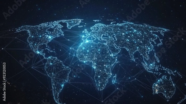 Fototapeta Futuristic world map with abstract data connections and telecommunication network lines. Vector illustration showcasing global business interactions and data flow.