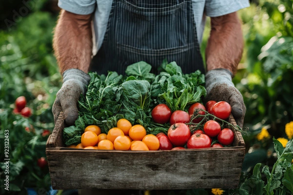 Obraz Farmer holding a wooden crate full of fresh, organic vegetables including tomatoes, greens, and yellow cherry tomatoes in a garden setting.
