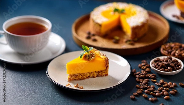 Fototapeta Mango crape cake with mango jame on top in clear plate on desk with cup of coffee in the background
