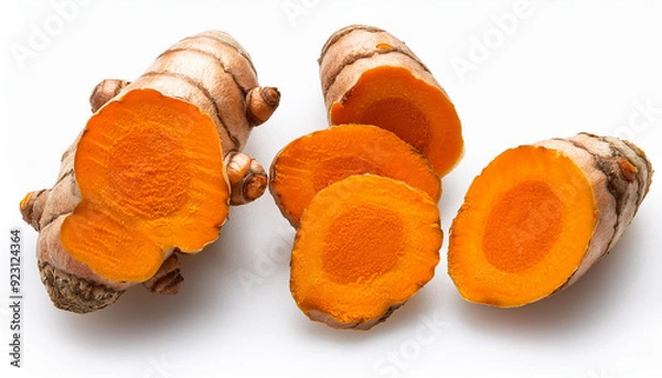 Fototapeta Fresh raw organic turmeric on a white isolated background. Vegetable and food concepts for health