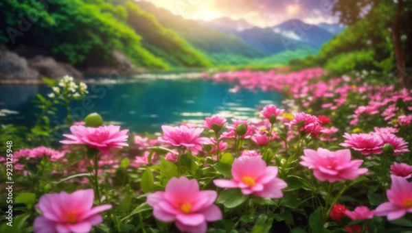 Obraz This is a picture of a lake with pink flowers and mountains in the background.

