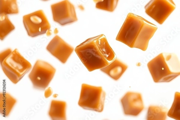Fototapeta Floating caramel cubes against a white background showcasing their glossy texture and rich color. Generative AI