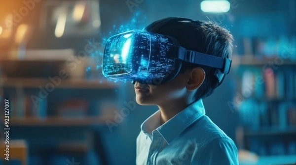 Obraz School student with VR headset using AI artificial intelligence technology & machine learning.Interactive technology in classroom. Innovation & smart tech. AI blue hologram in education