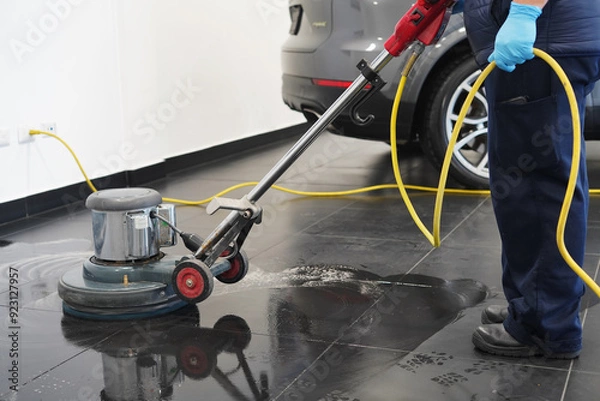 Fototapeta Close-up shot a worker washing office floor with cleaning machine