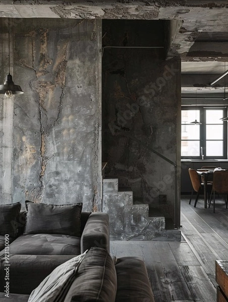 Fototapeta Unadorned, gray-toned interior space with a coarse finish.