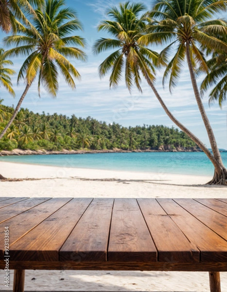 Fototapeta Empty wooden table with blurred beach with coconut trees in the background