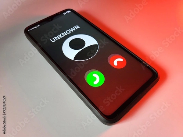 Fototapeta A phone that is receiving a call from an unknown contact who is a scammer. All this is on a white background with a red glow