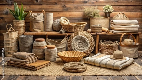 Fototapeta Assorted natural fiber products including woven baskets, jute rugs, and linen textiles in earthy tones are artfully arranged on a reclaimed wood display table.