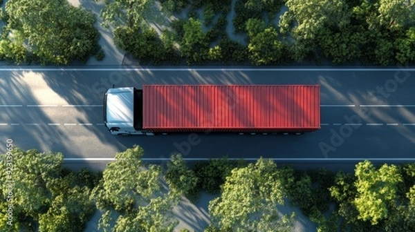 Fototapeta top view of semi truck with container cargo