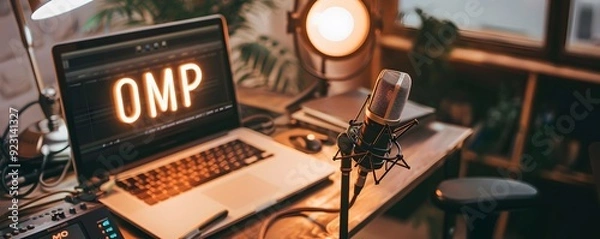 Fototapeta A close-up of a microphone, laptop, and audio equipment on a desk in a recording studio.
