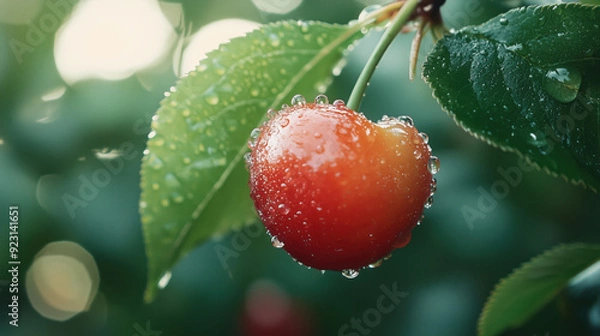 Fototapeta Cherries with tiny water droplets on it 