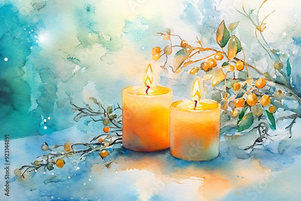 Fototapeta Watercolor illustration of two glowing candles surrounded by winter foliage, creating a serene and warm ambiance perfect for the holiday season.